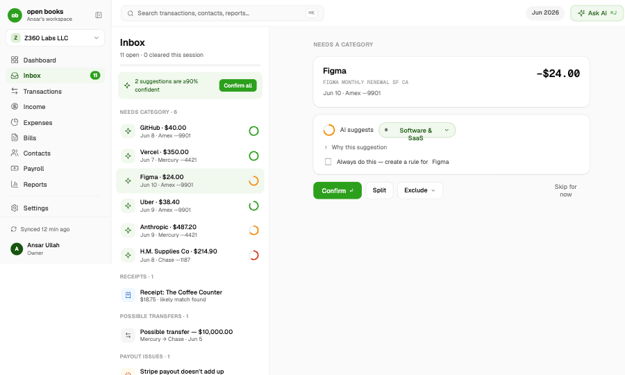 OpenBooks Inbox — AI suggestion with confidence, confirm / split / exclude actions