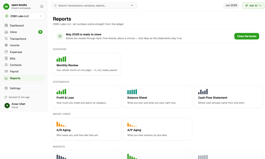 Reports — Monthly Review, statements, money owed and insights, with month-end close