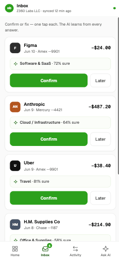 Inbox · one-tap confirm